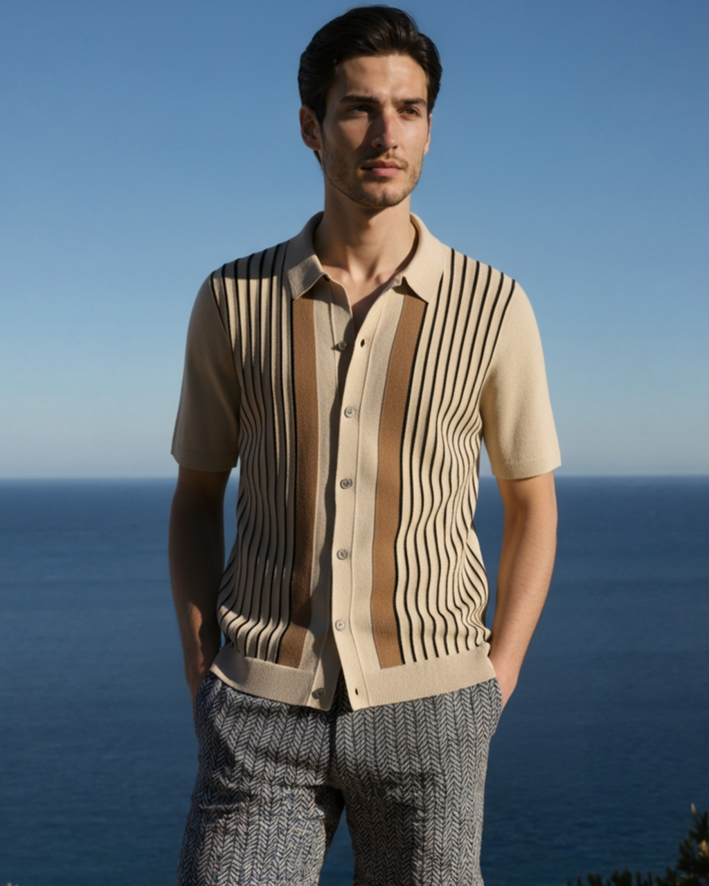 Cream striped knit polo with tan centre panel, worn with grey herringbone trousers by the sea