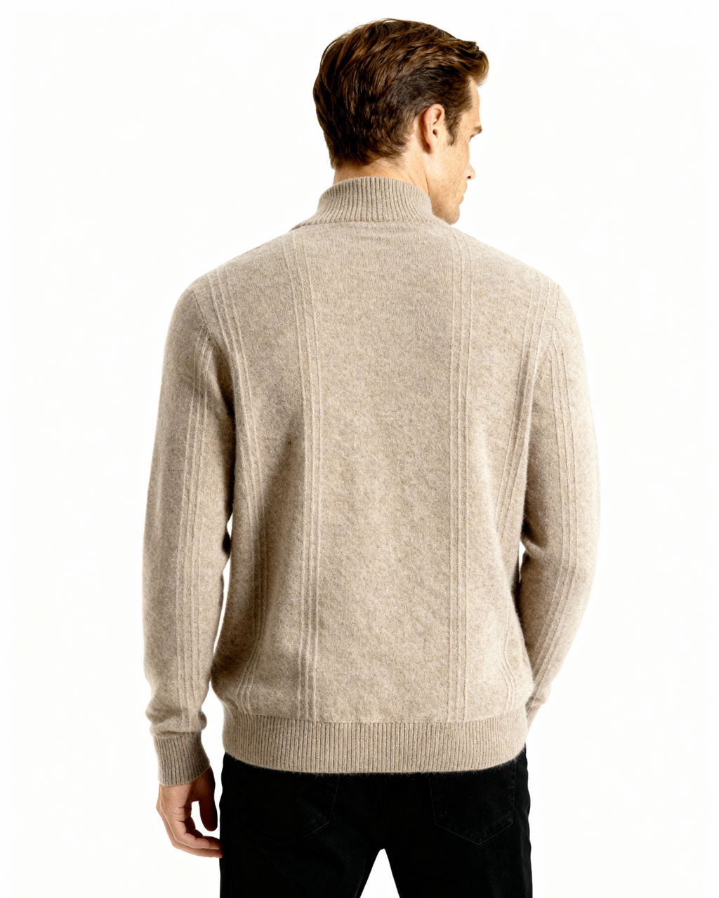 Back view of a taupe-beige cashmere half-zip jumper with ribbed panels, on model