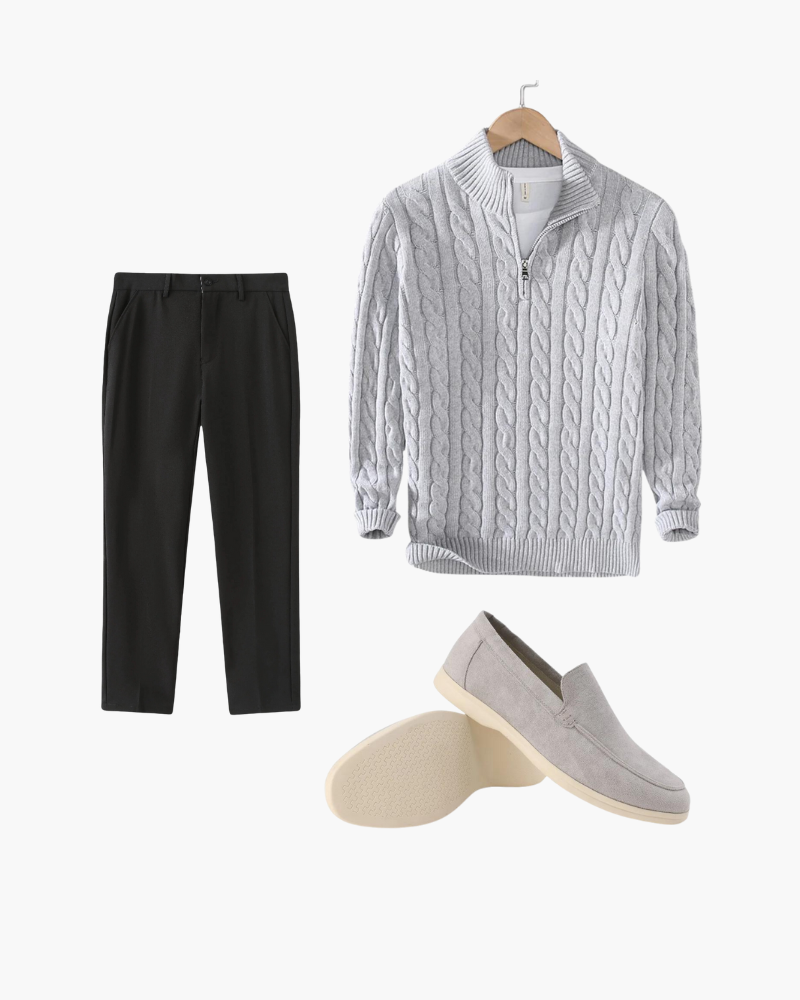 Grey cable-knit half-zip jumper, black trousers and grey suede loafers, flat-lay outfit set