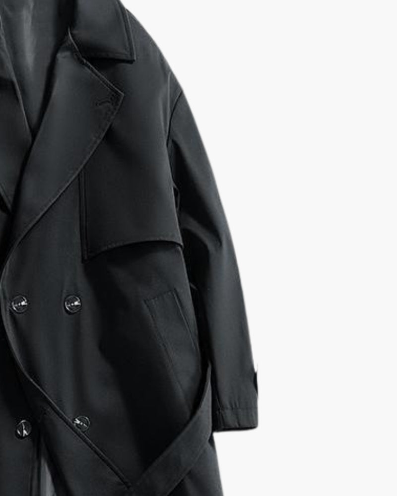 Close-up of a black trench coat lapel, storm flap and horn-style buttons