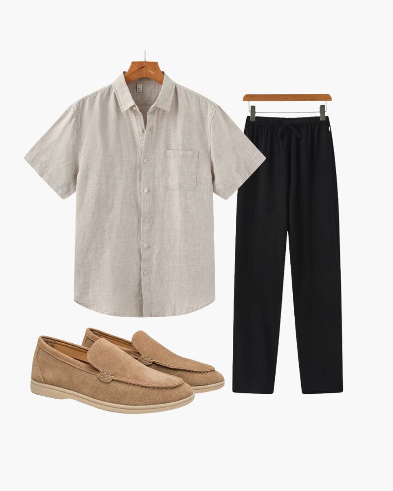Lookbook flat-lay: beige short-sleeve linen shirt, black drawstring trousers and tan suede loafers