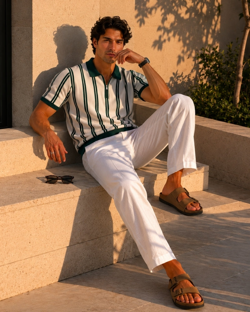 Man seated on stone steps in white zip polo with green stripes, white trousers, brown sandals and sunglasses