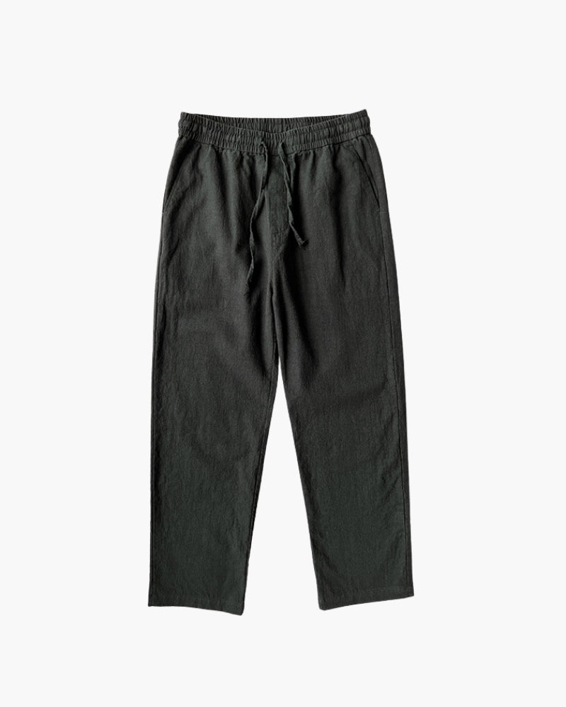 Pantalón de lino negro marengo con cordón y cintura elástica, en plano vista frontal