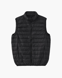 Black quilted lightweight puffer gilet with stand collar and full zip, flat-lay front view