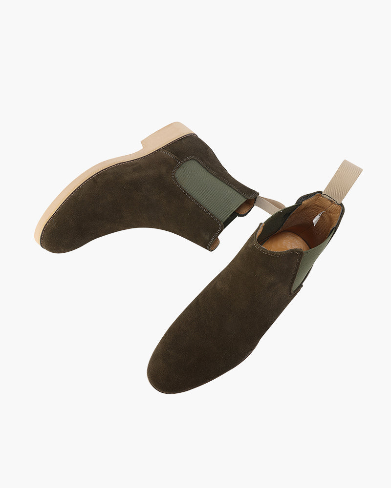 Pair of dark olive suede Chelsea boots seen from above – Men's Suede Chelsea Boots
