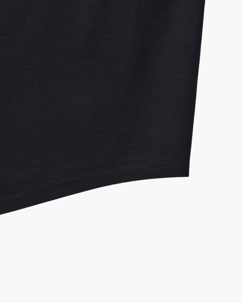 Close-up of navy shirt side seam and curved hem, men's stretch cotton shirt