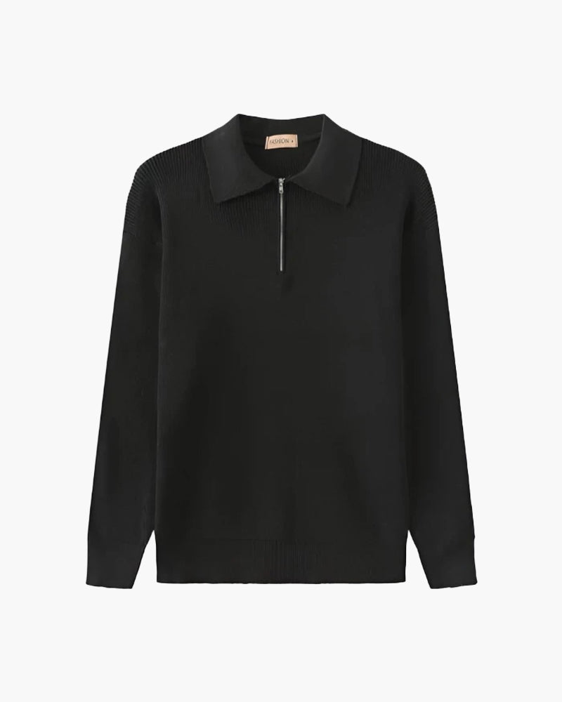 Black ribbed half-zip jumper with polo collar, front flat-lay