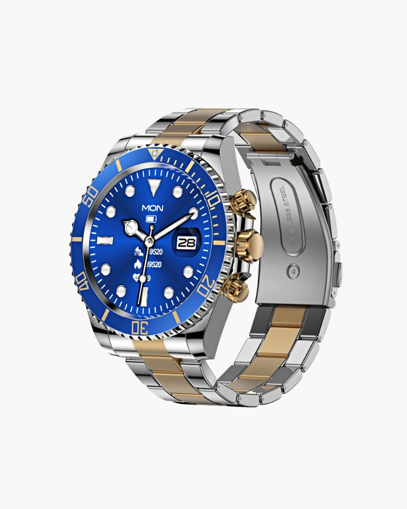 Diver-style watch with blue dial, steel and gold-tone two-tone bracelet, angled view