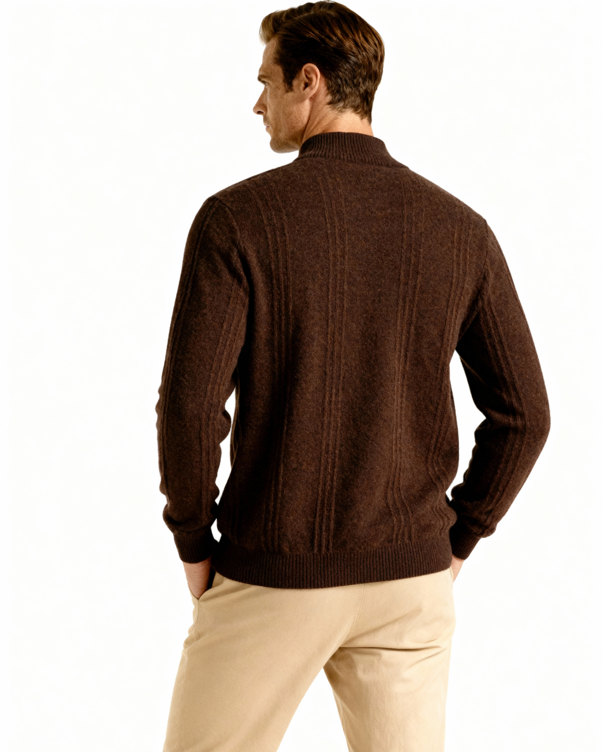 Back view of a brown cashmere half-zip jumper with ribbed panels, on model