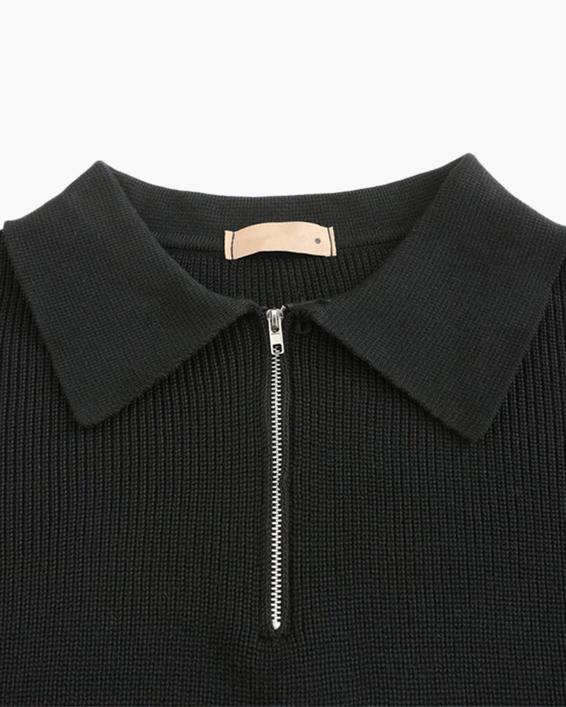 Close-up of black half-zip jumper collar, zip and small leather tab
