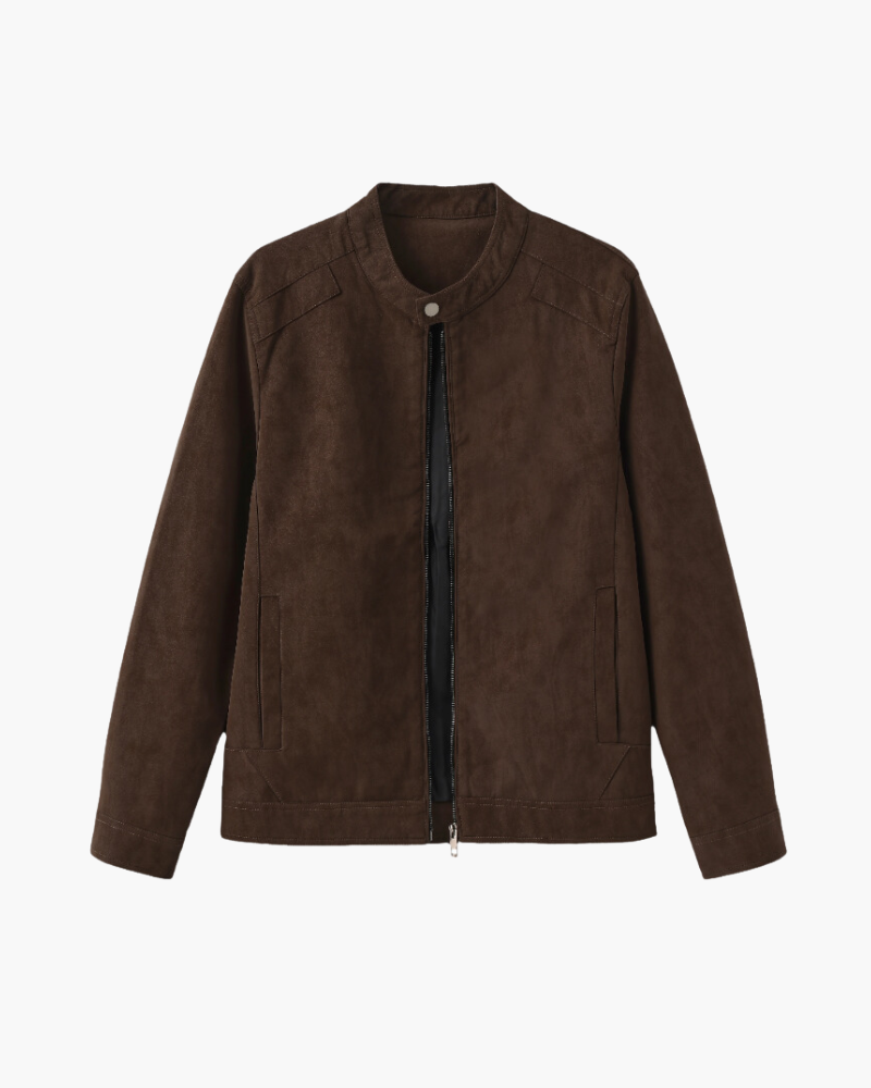 Dark brown suede-look jacket with zip front and slanted pockets, flat-lay