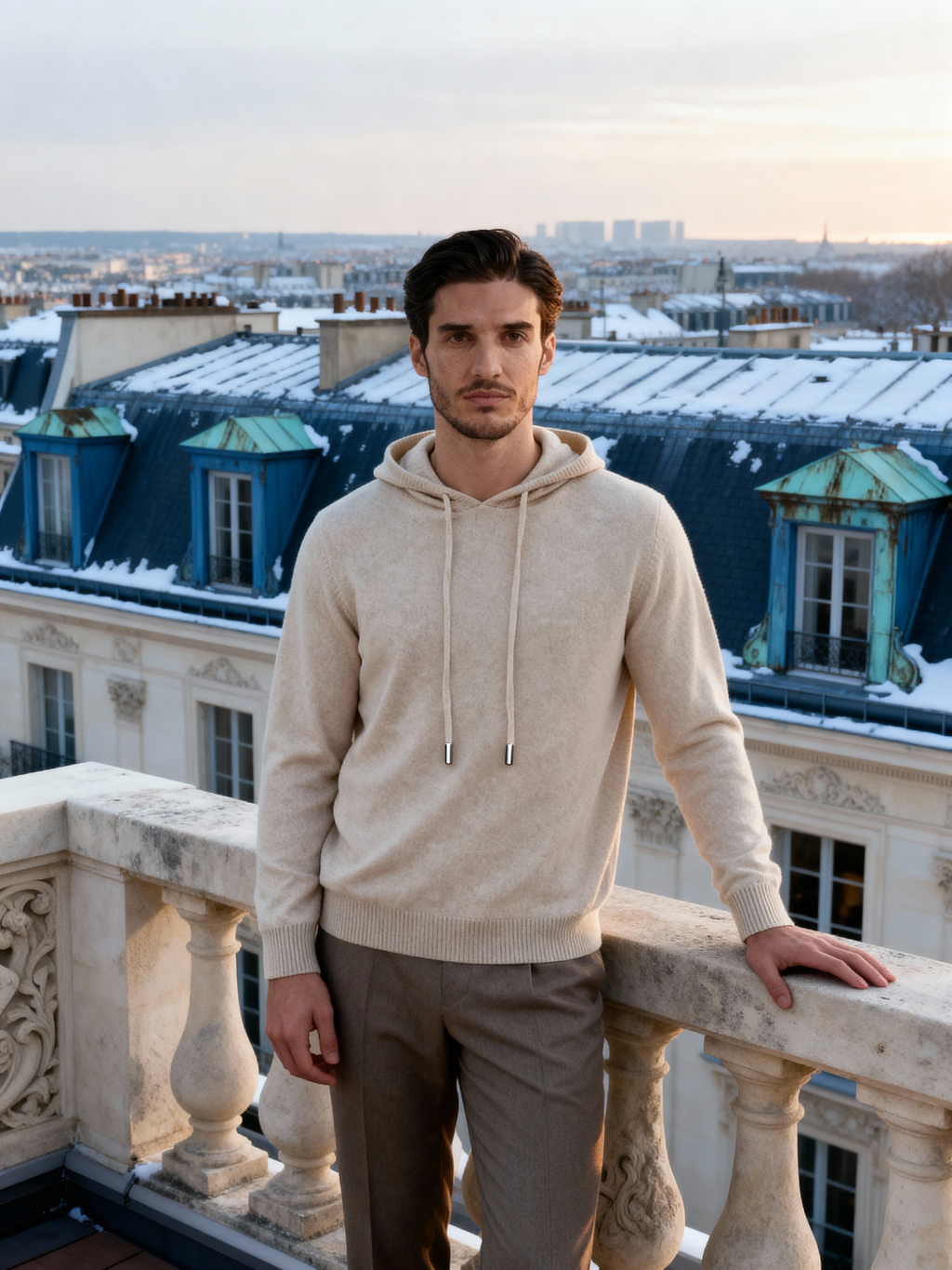 Man in a beige cashmere hoodie standing on a rooftop terrace with snowy Paris roofs behind