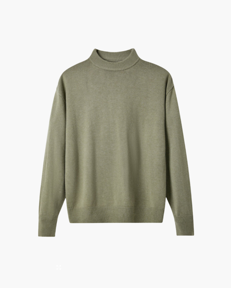 Sage green wool mock neck jumper with ribbed hem and cuffs, flat front view