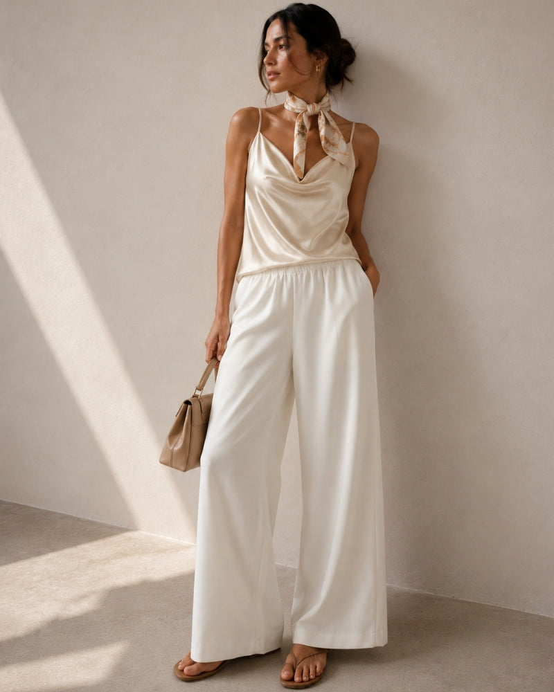 Femme en pantalon large blanc, caraco en satin à col bénitier et foulard au cou, tenant un sac beige à anse supérieure