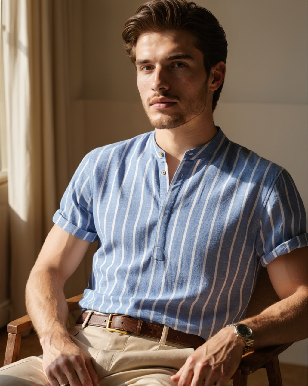 Hombre con camisa de rayas azules de cuello mao y mangas remangadas, sentado con luz suave de ventana