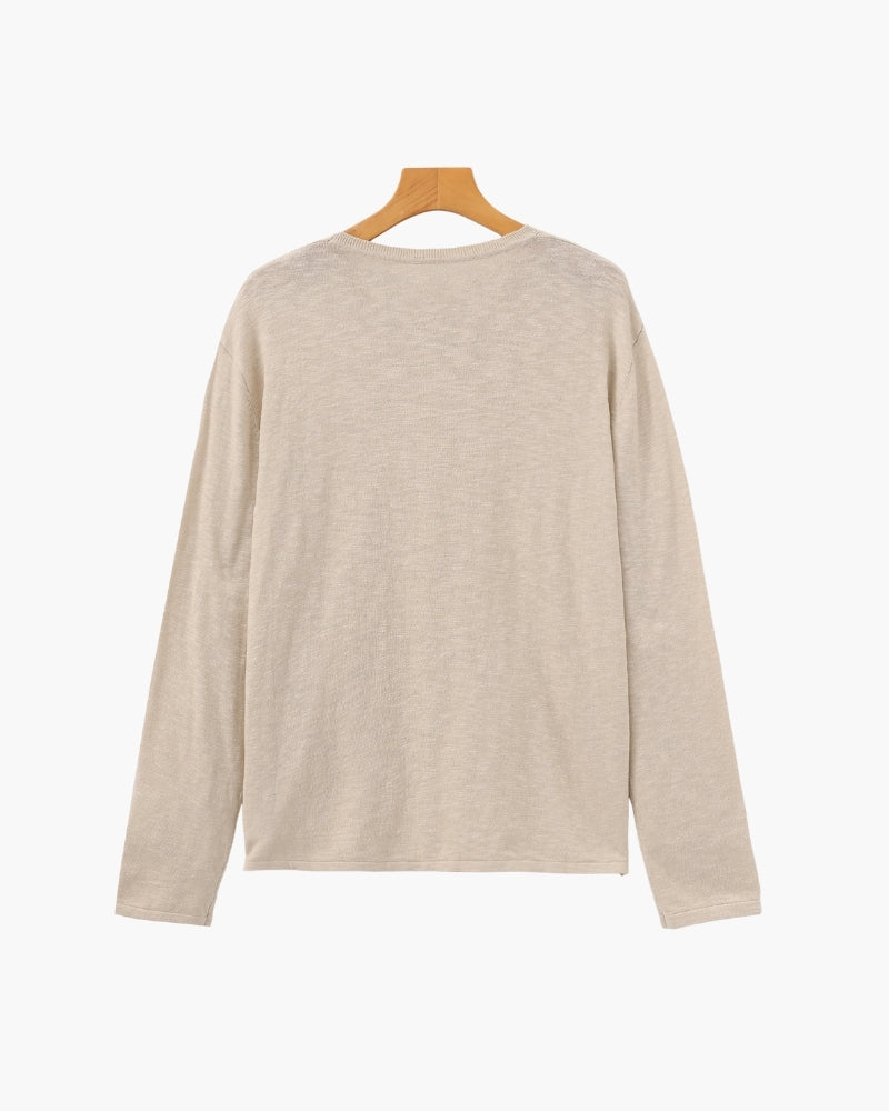 Tee-shirt à manches longues en lin-coton beige col rond, deuxième vue à plat sur cintre