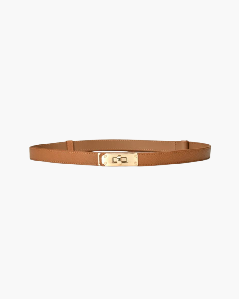 Tan slim belt with gold-tone turn-lock buckle, flat-lay front view
