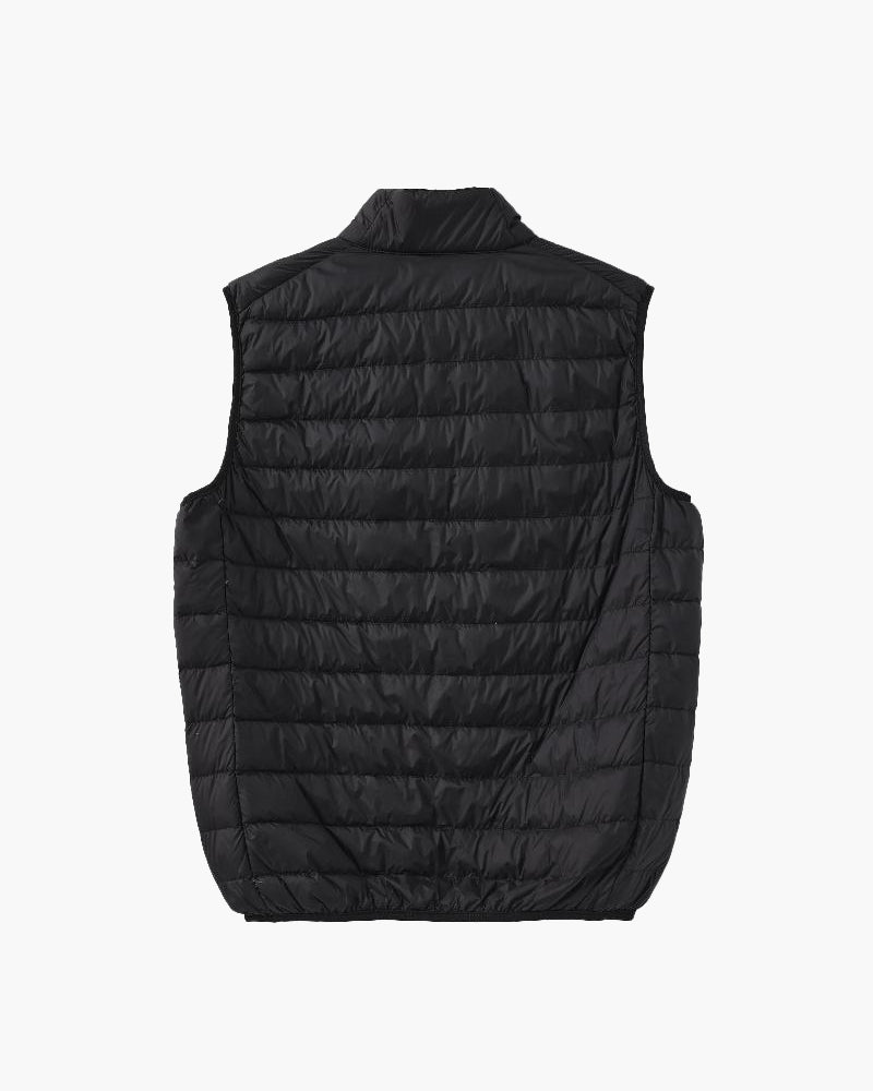 Back view of black quilted lightweight puffer gilet with stand collar, flat-lay