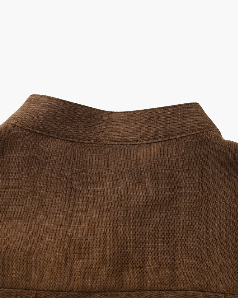 Close-up of brown shirt back collar and stitching – Men's Mandarin Collar Shirt