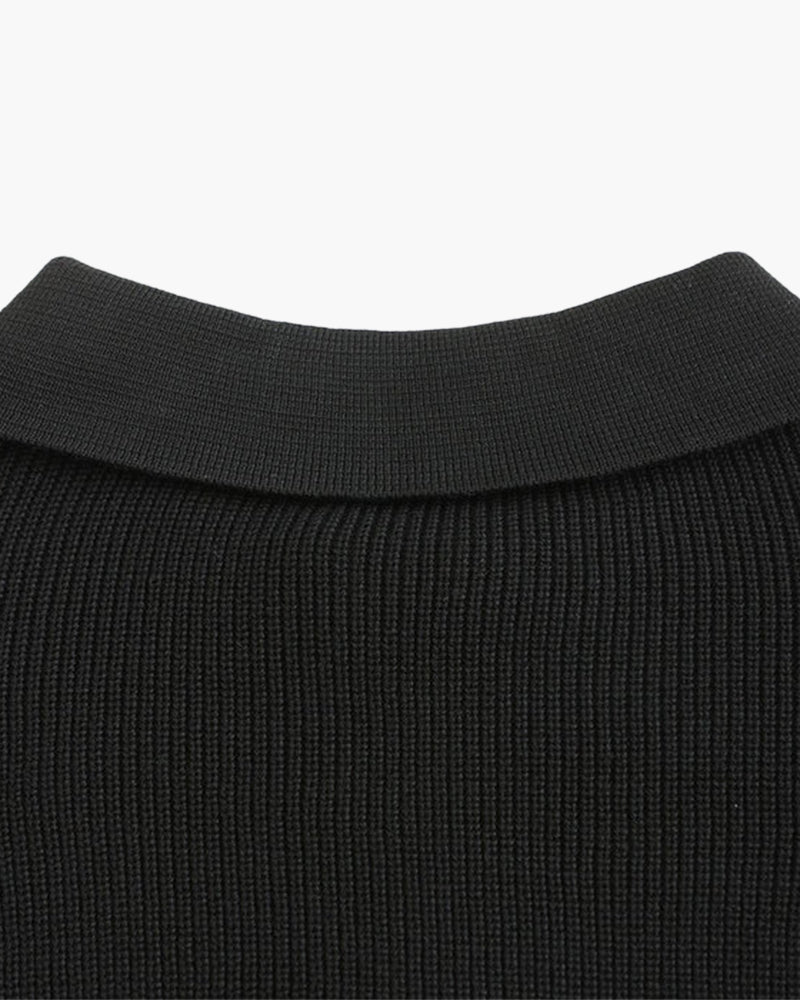 Close-up of black ribbed jumper back collar and knit texture