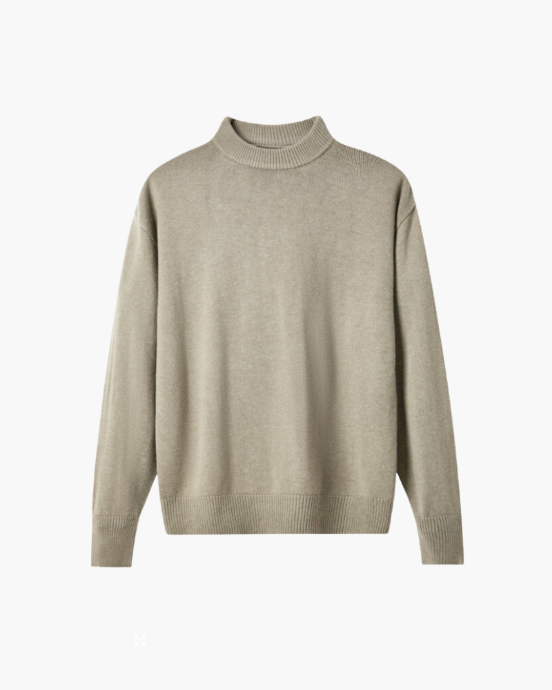 Beige-taupefarbener Woll-Pullover mit Stehkragen, Rippbund und Rippbündchen, flach von vorn