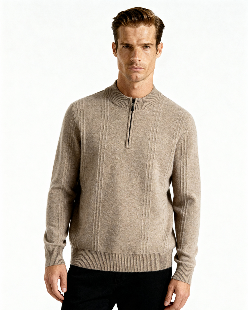 Front view of a taupe-beige cashmere half-zip jumper with ribbed panels, on model with black trousers
