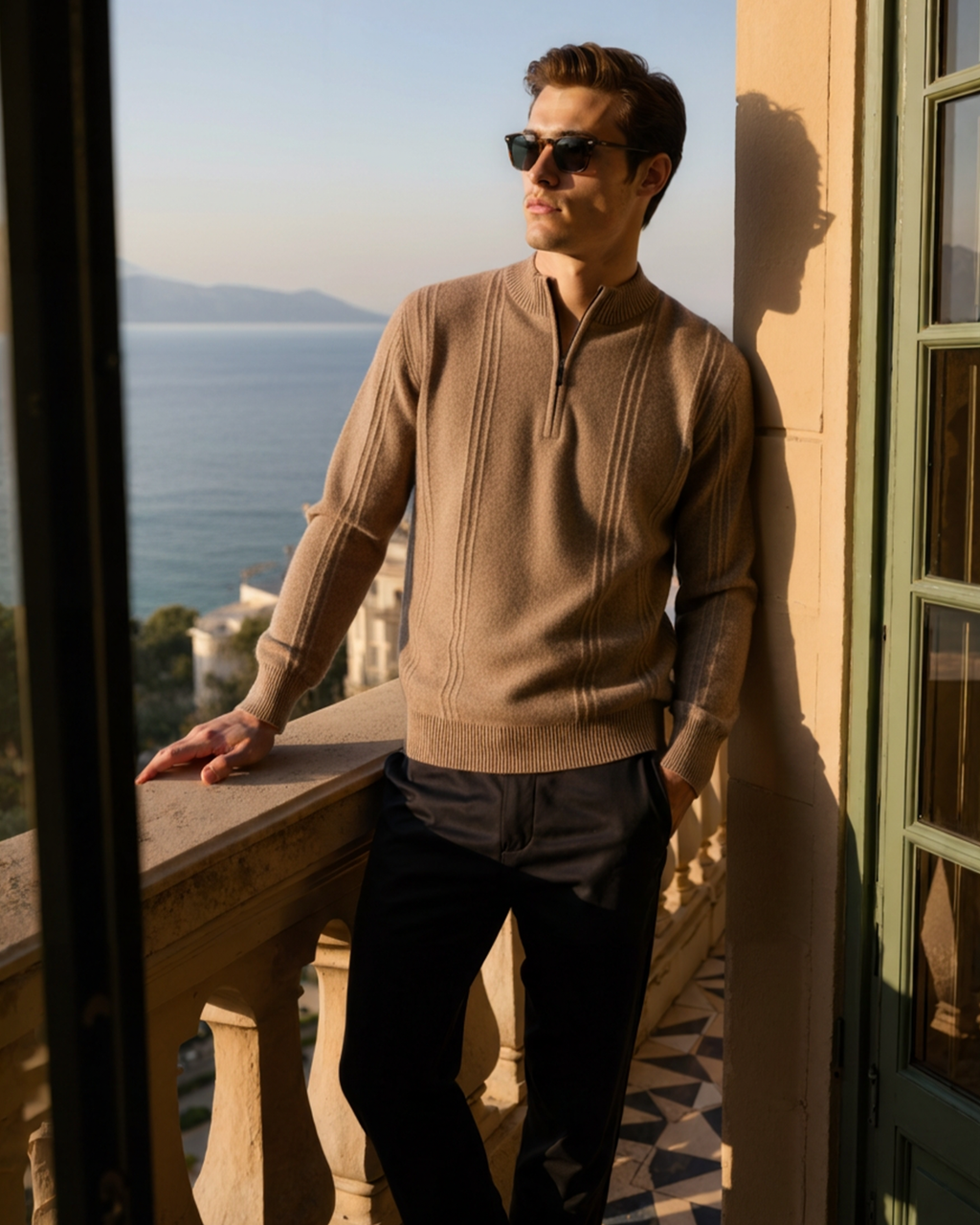 Man in a camel cashmere half-zip jumper and sunglasses on a balcony overlooking the sea