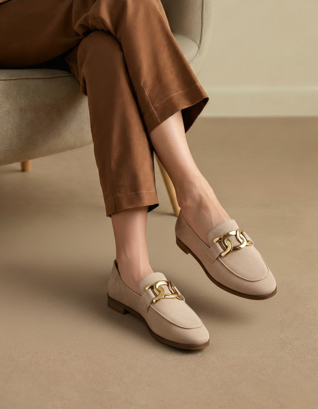 Beige suede loafers with gold chain on-model, side view, one foot raised in brown trousers