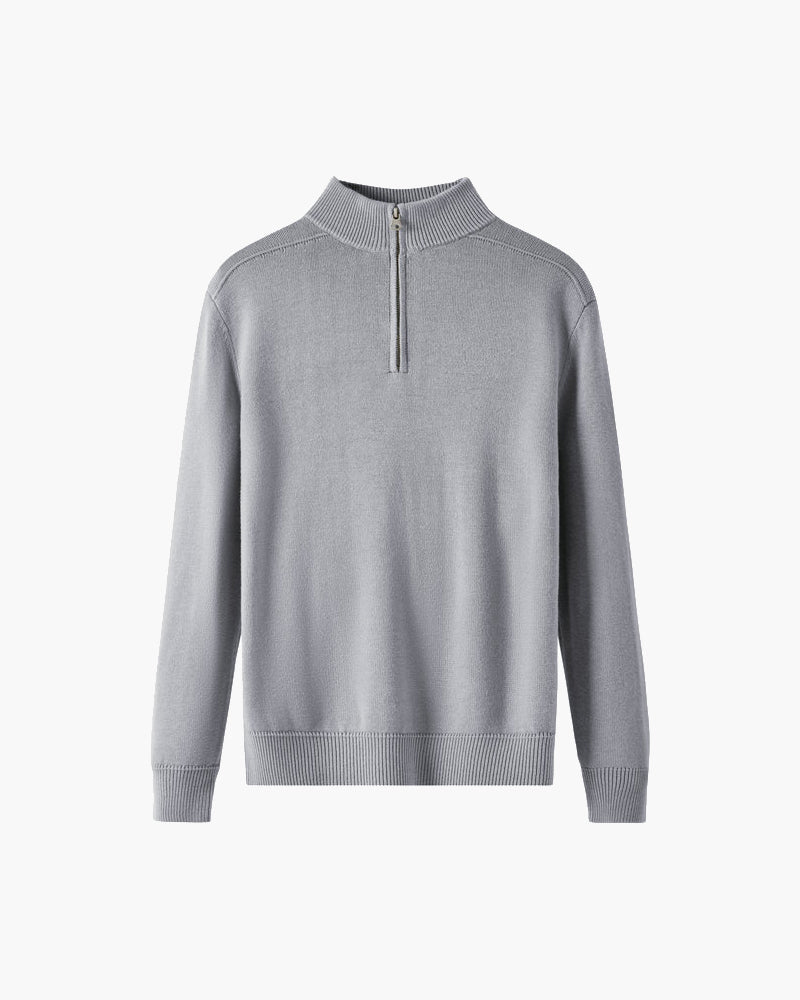 Grey quarter-zip jumper with stand collar and ribbed hem, flat front view