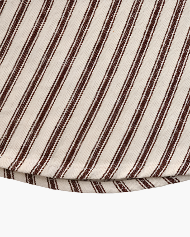 Detail of striped shirt curved hem in brown and cream twill – Men's Striped Shirt