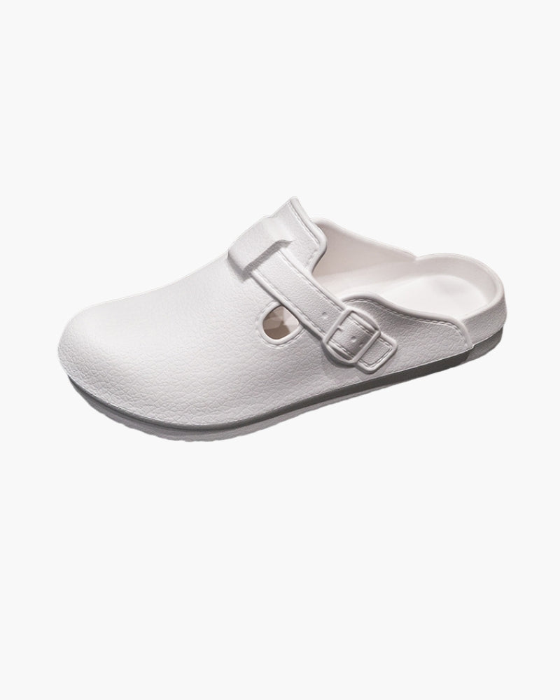 Sabot blanc à boucle seul, bride et semelle texturée, vue de profil