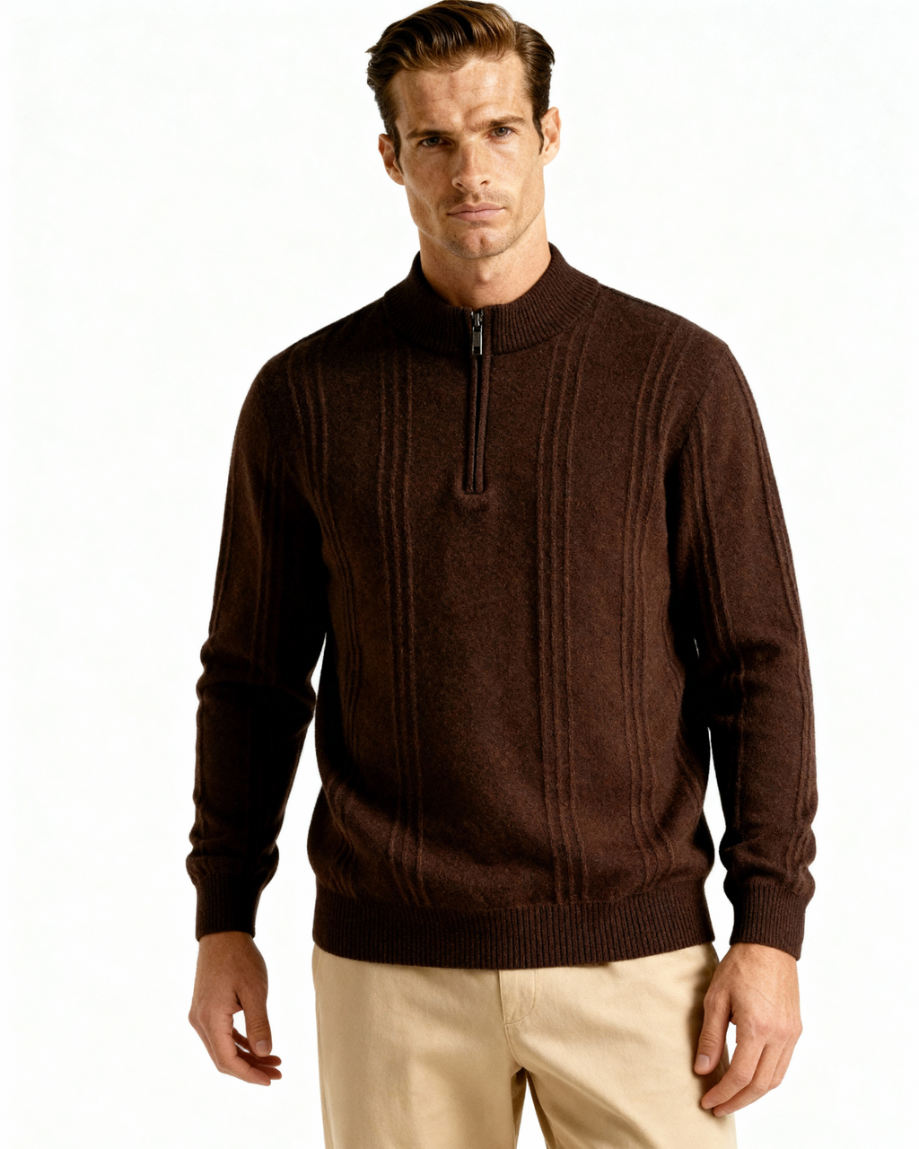 Man in a brown cashmere half-zip jumper and beige trousers, front view