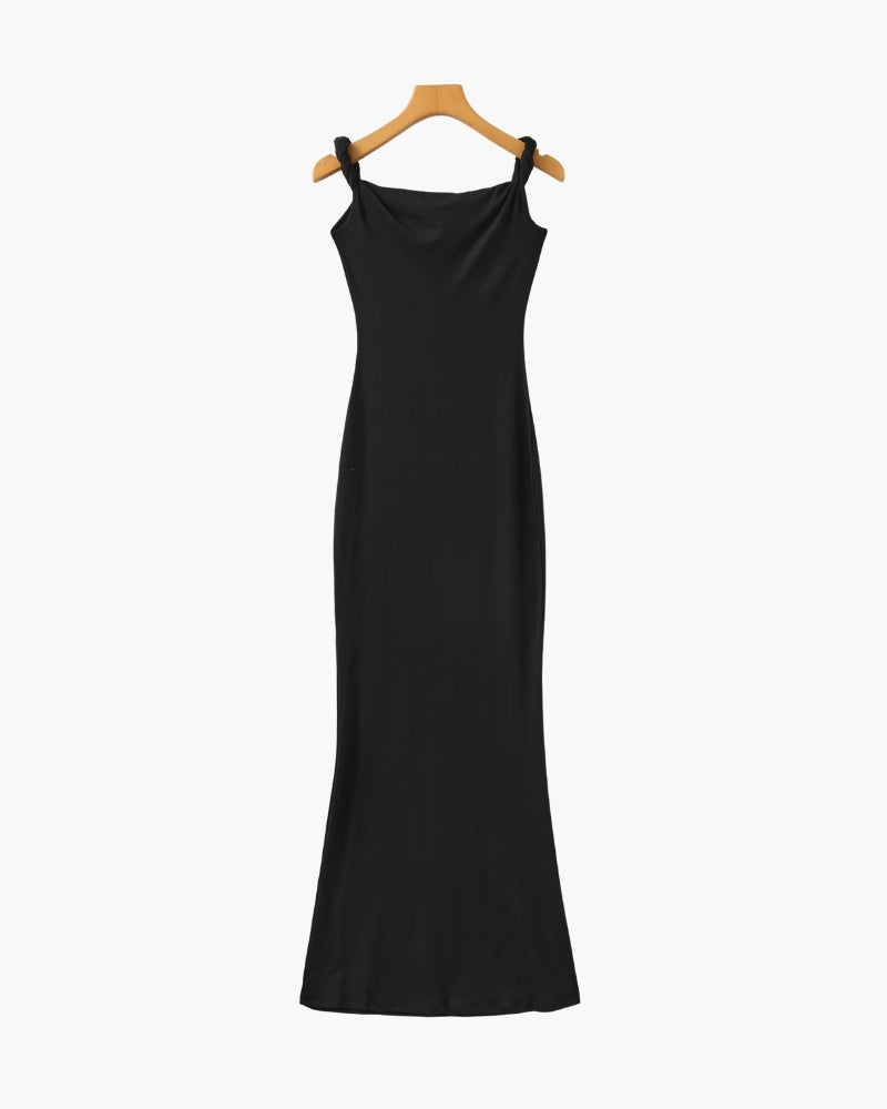 Black fitted maxi dress with two twisted shoulder straps and cowl neckline, front on hanger
