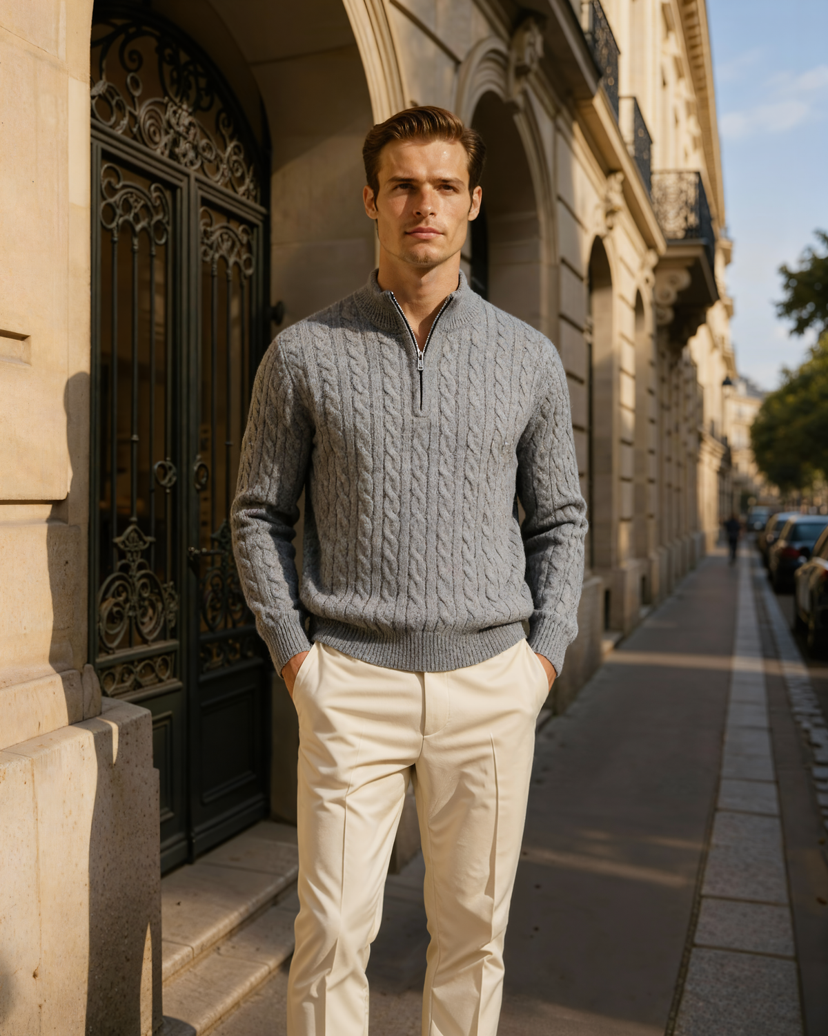 Man in a grey cable-knit cashmere half-zip jumper and cream trousers on a city street