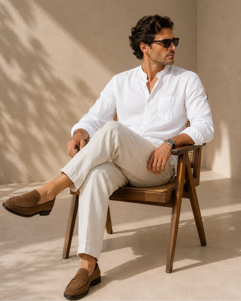 Man in sunglasses seated in a wooden chair wearing white mandarin collar shirt and loafers