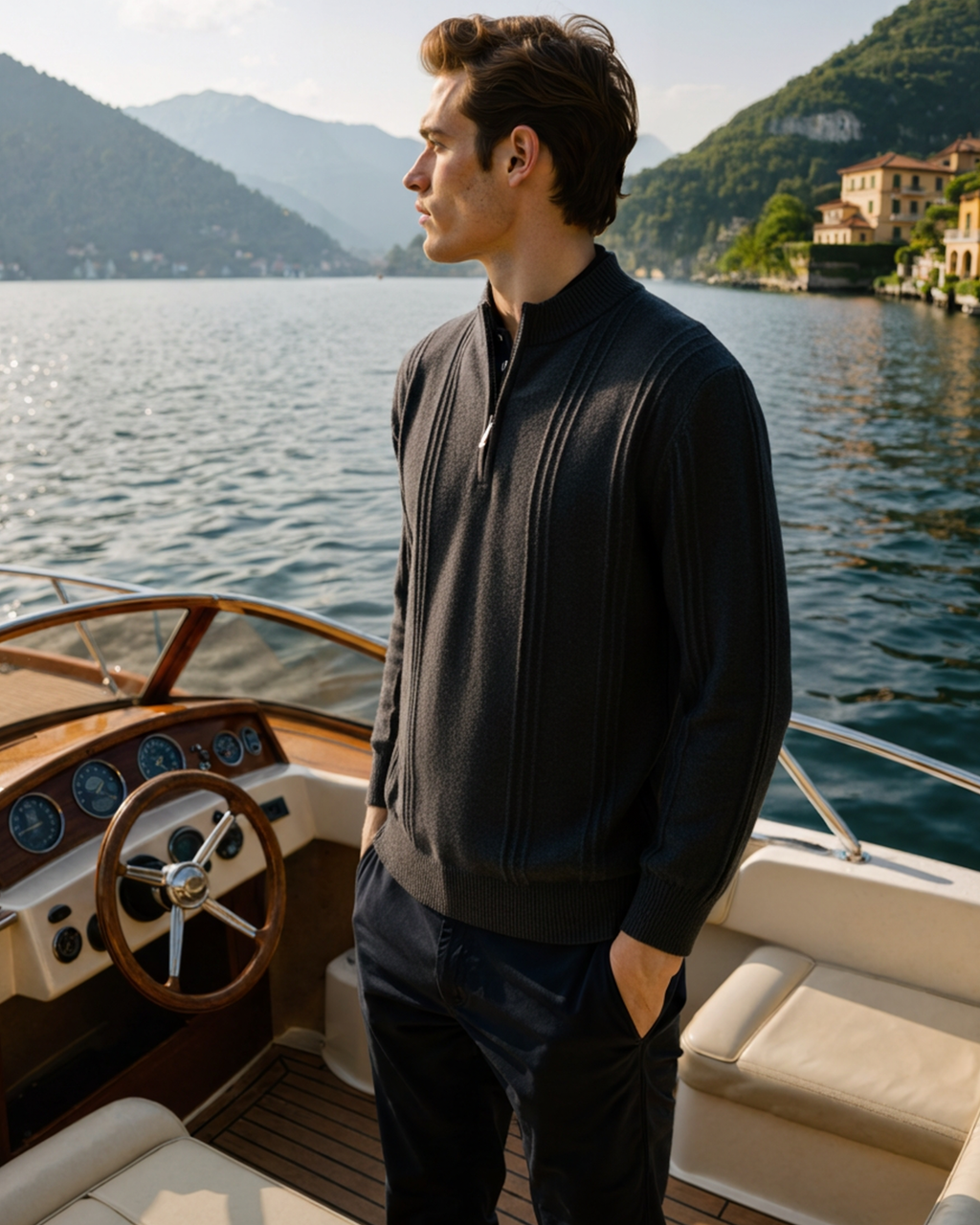 Man in a dark cashmere half-zip jumper on a motorboat by a lake, side view
