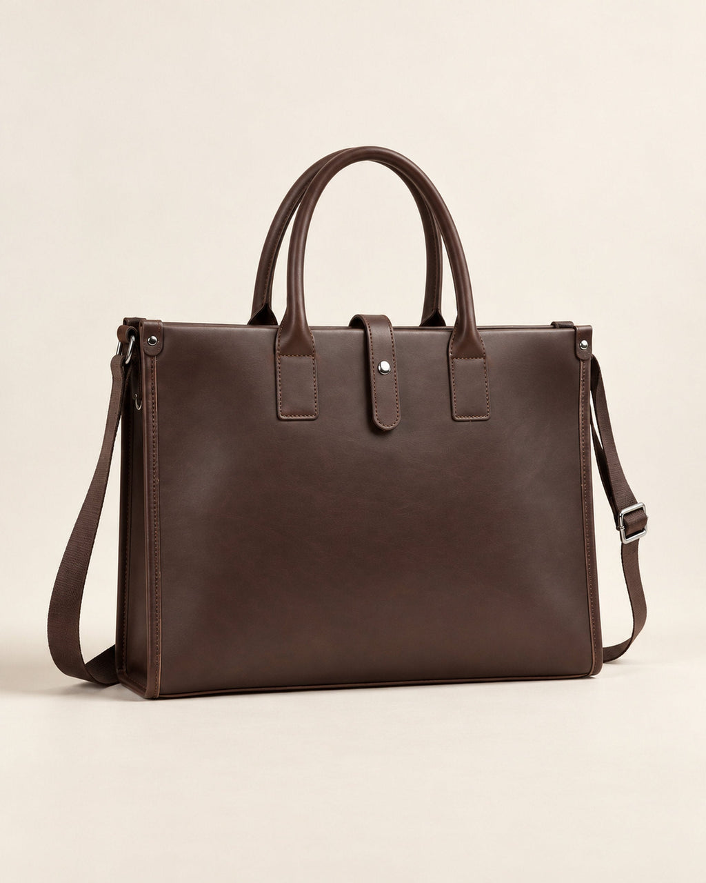 Dark brown leather briefcase with top handles and detachable shoulder strap, angled studio view