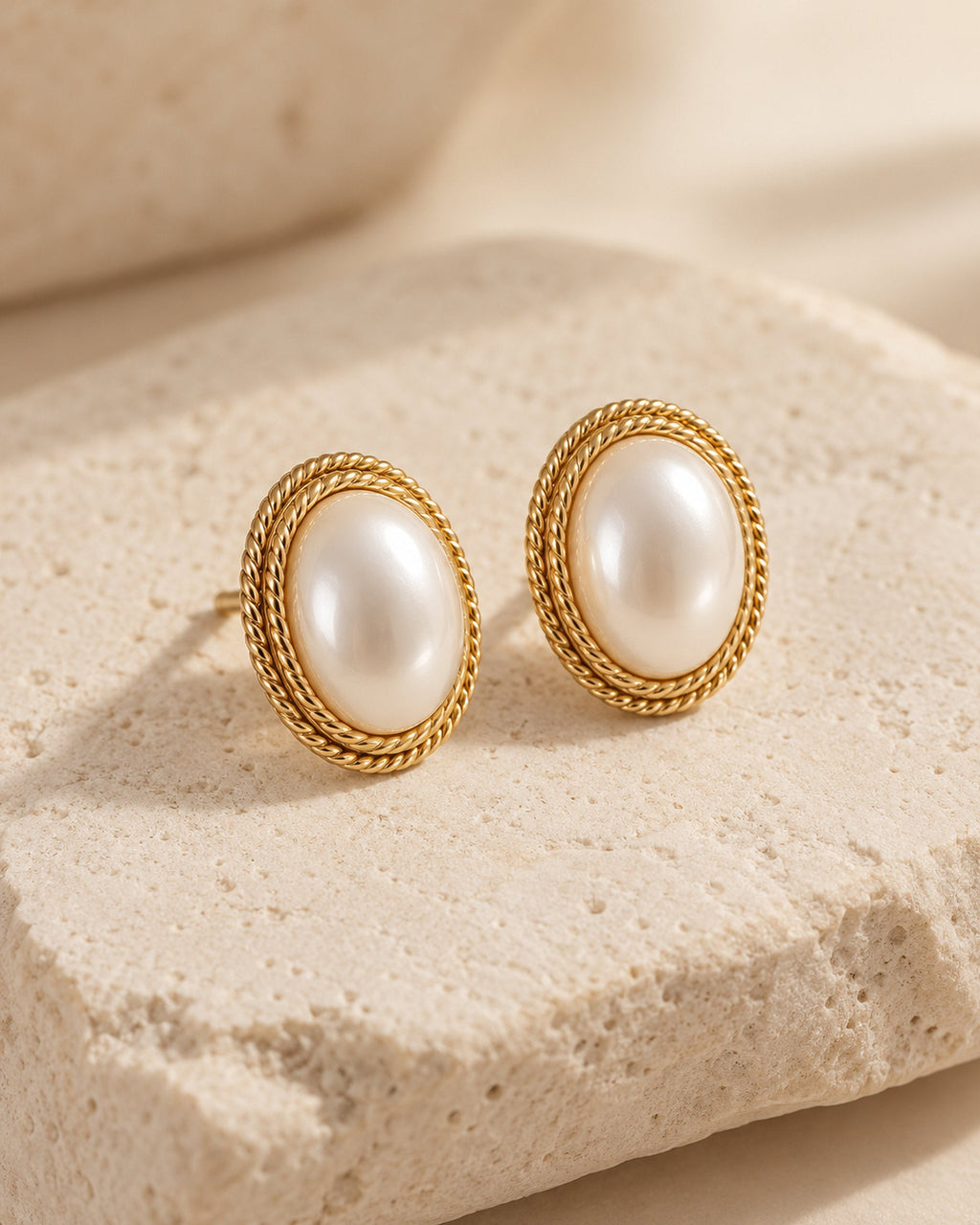 Pair of oval pearl stud earrings with gold-tone twisted rope border resting on a travertine block